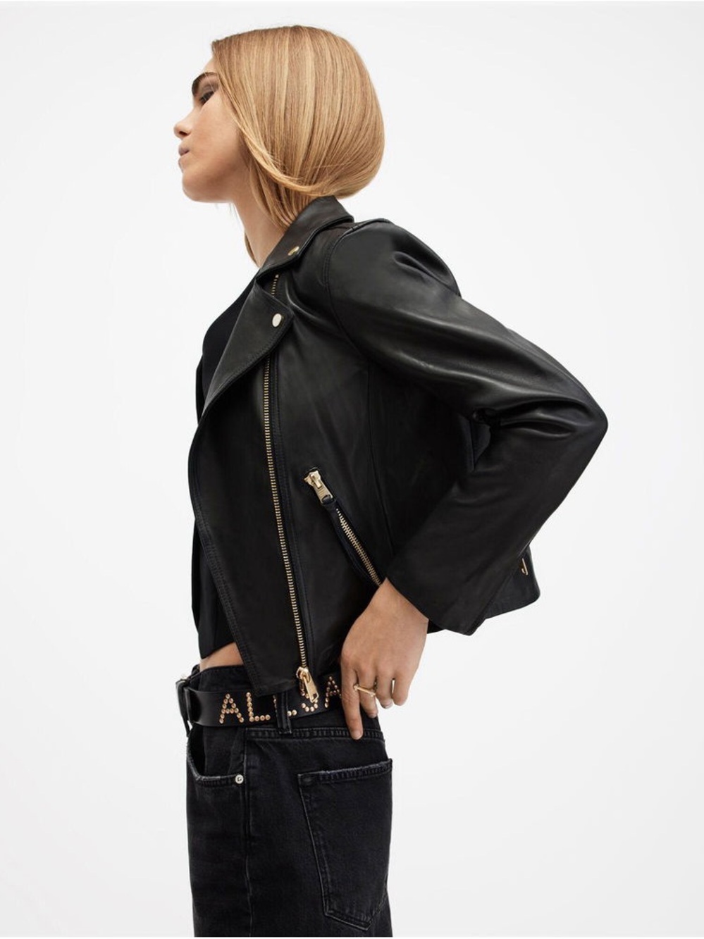 All Saints Black Leather Biker Jacket with Gold Hardware Accents - Picture 6 of 15
